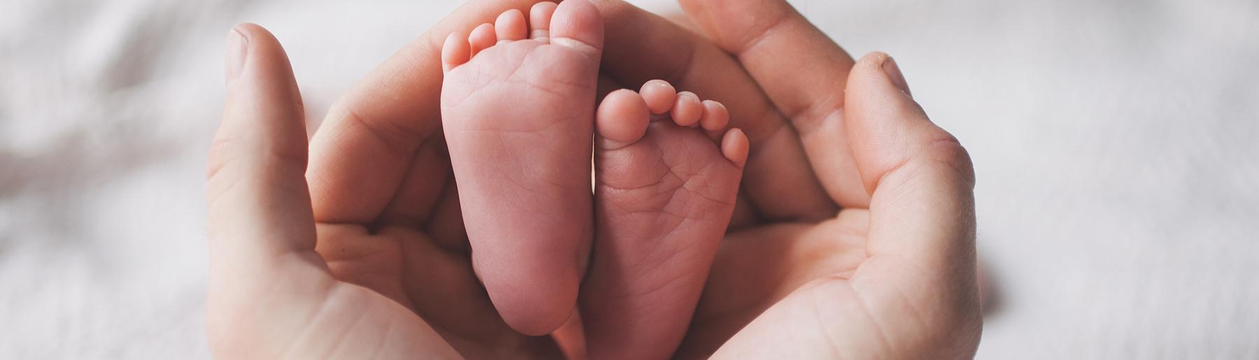 woman hands holding baby feet